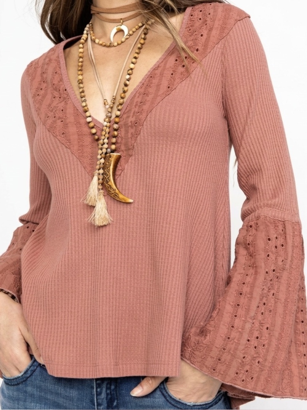 Free People Parisian Nights Thermal Henley Top in Sayluita / Desert Rose Sz. S